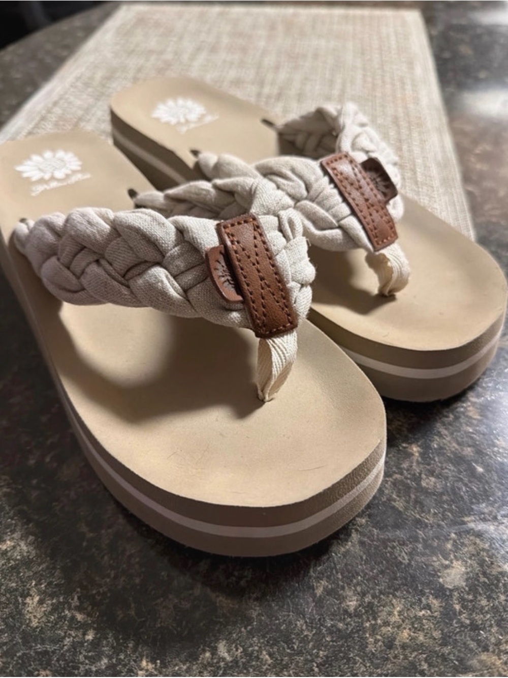 Yellow Box Beige Braided Platform Sandals with Brown Accents